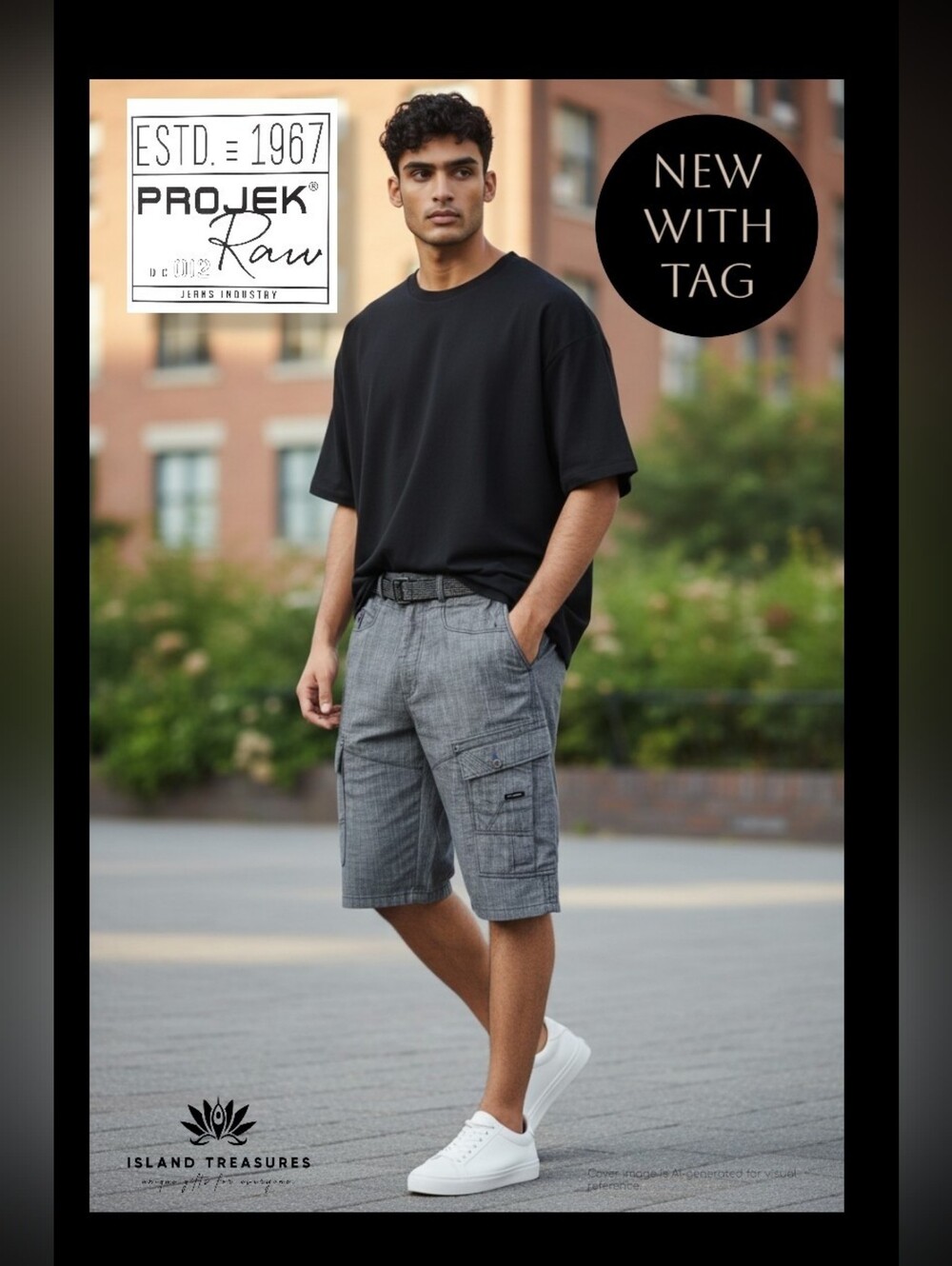 NWT Projek Raw SZ 36 Men Charcoal Gray Chambray Cargo Shorts Belted Multi-Pocket